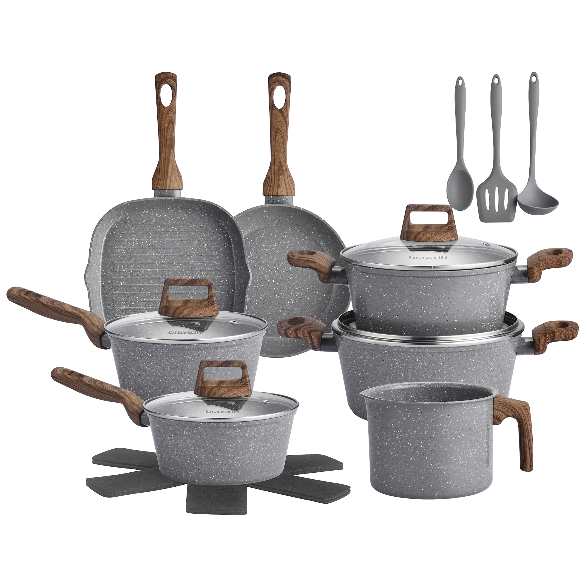 Jogo de panelas Bravia Cookware versão Grafeno - 12 peças cerâmicas cinza com cabos amadeirados